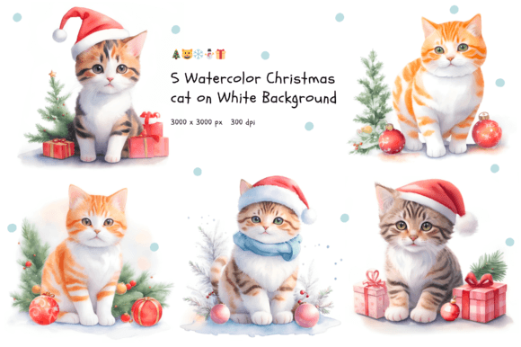 5 Christmas Cat on White Background: Free Watercolor Assets