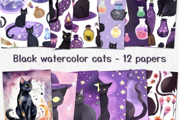 Enchanting Halloween Black Watercolor Cats Papers