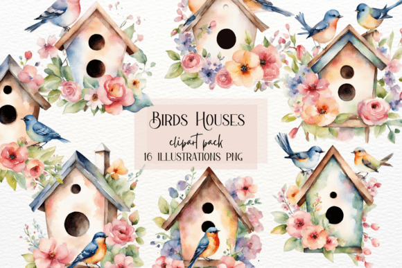 Watercolor Spring Birdhouses with Flowers: Design Assets